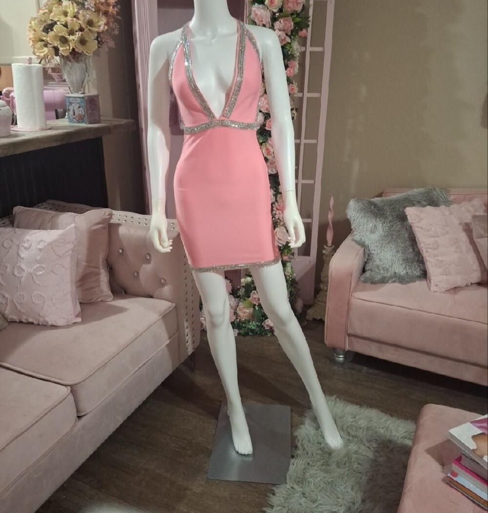 Pink Rhinestone Embellished Plunge Halter Bodycon Mini Dress NWT Size XS - Picture 7 of 8